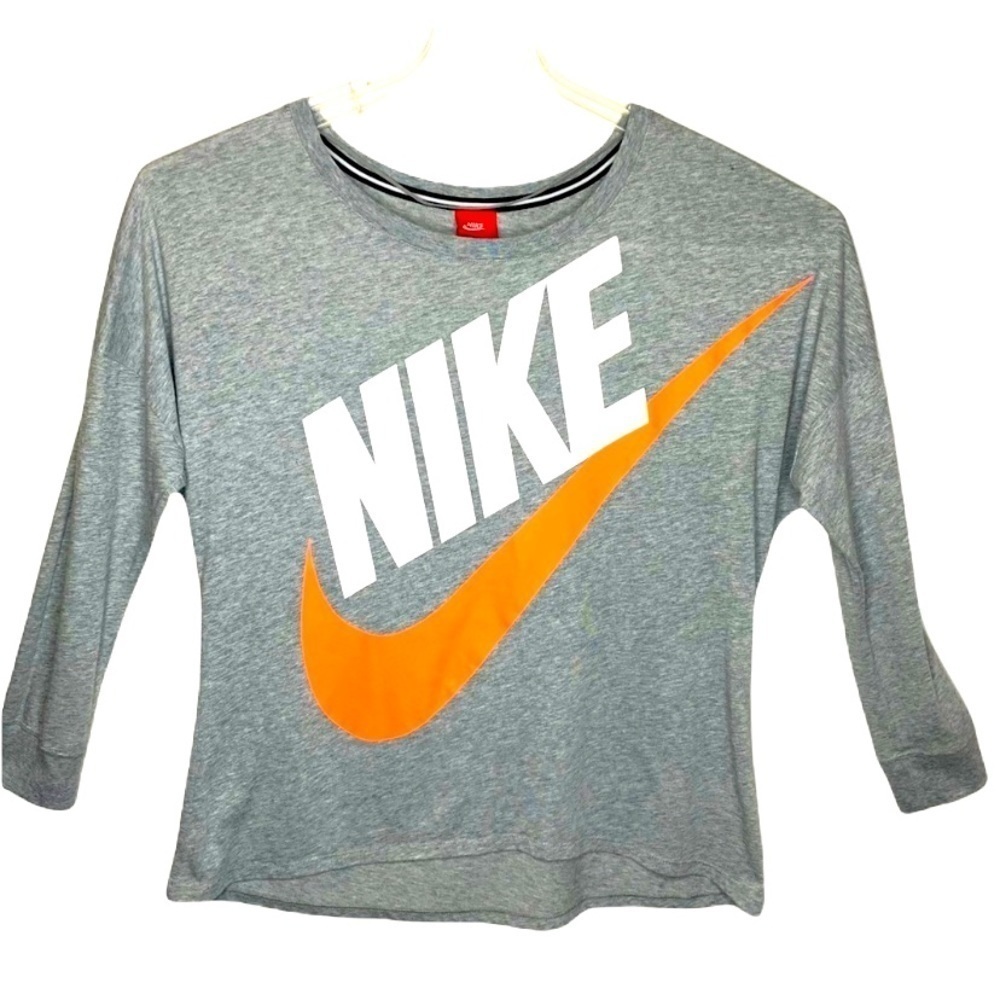 Nike Relaxed Fit Big Swish Logo Long Sleeve Shirt Size XL Gray Orange Scoop Neck